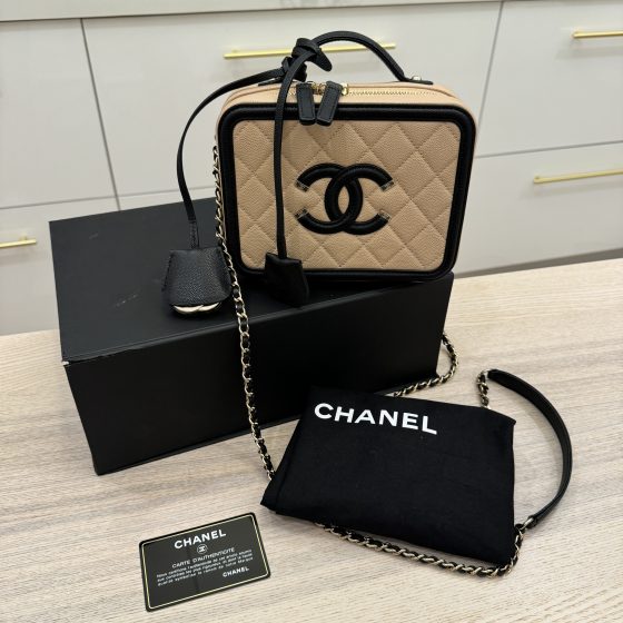 Chanel Caviar Quilted Small CC Filigree Vanity Case Beige and Black