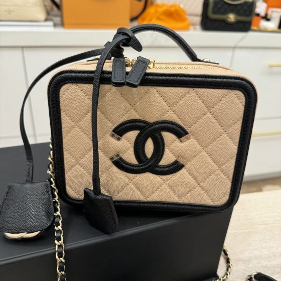 Chanel Caviar Quilted Small CC Filigree Vanity Case Beige and Black