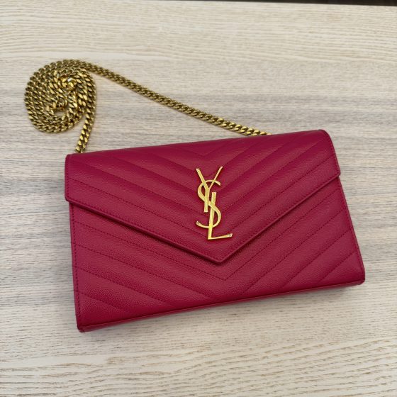 Saint Laurent Envelope Quilted Leather Chain Wallet Bubblegum and Gold
