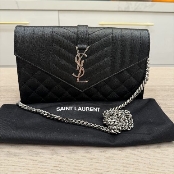 Saint Laurent Grain De Poudre Mixed Matelasse Triquilt Monogram Chain Wallet Black SHW