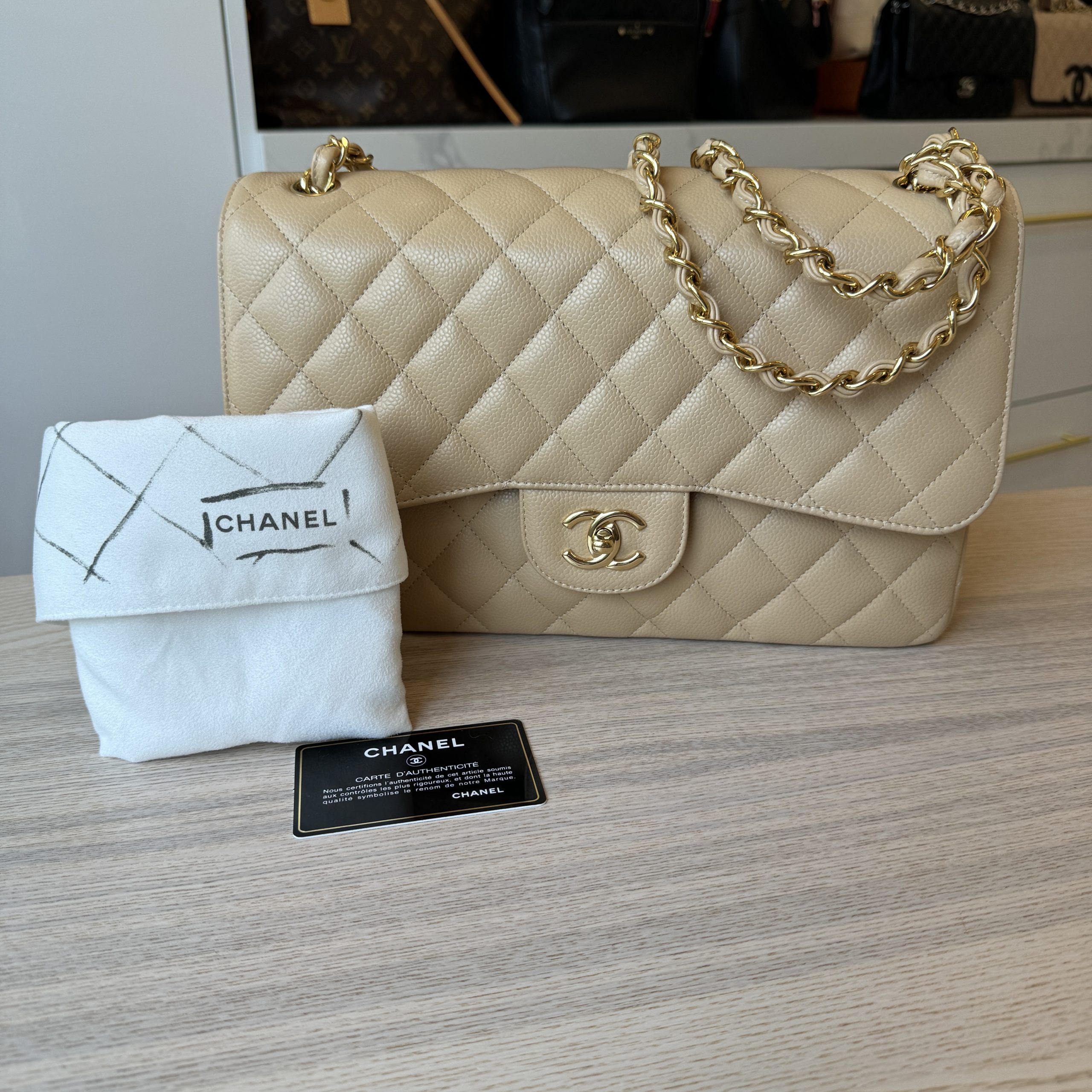 Chanel Caviar Quilted Jumbo Double Flap Beige Gold Hardware