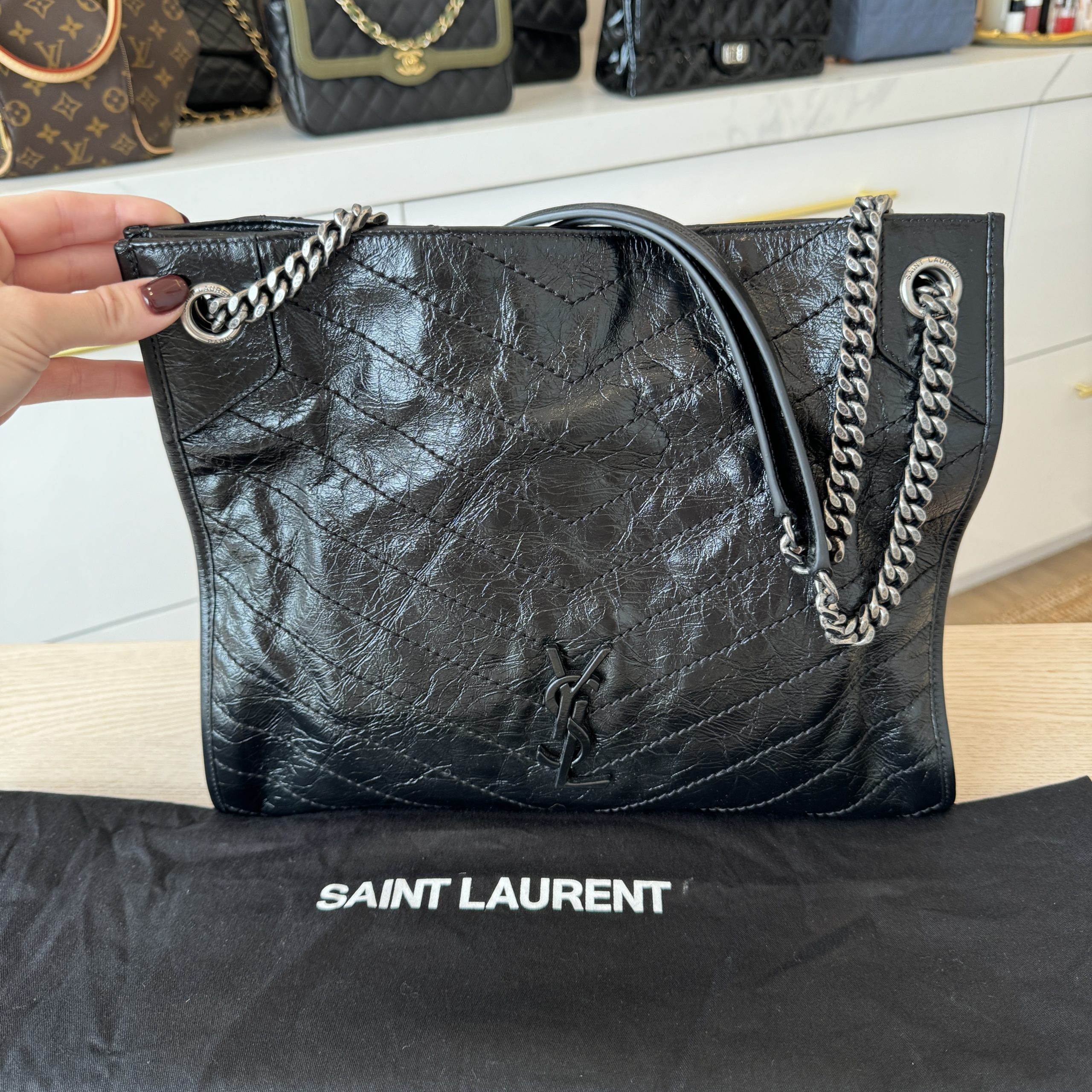 Saint Laurent Niki Medium YSL Shopper Tote Bag in Crinkled Leather Black and Black Hardware