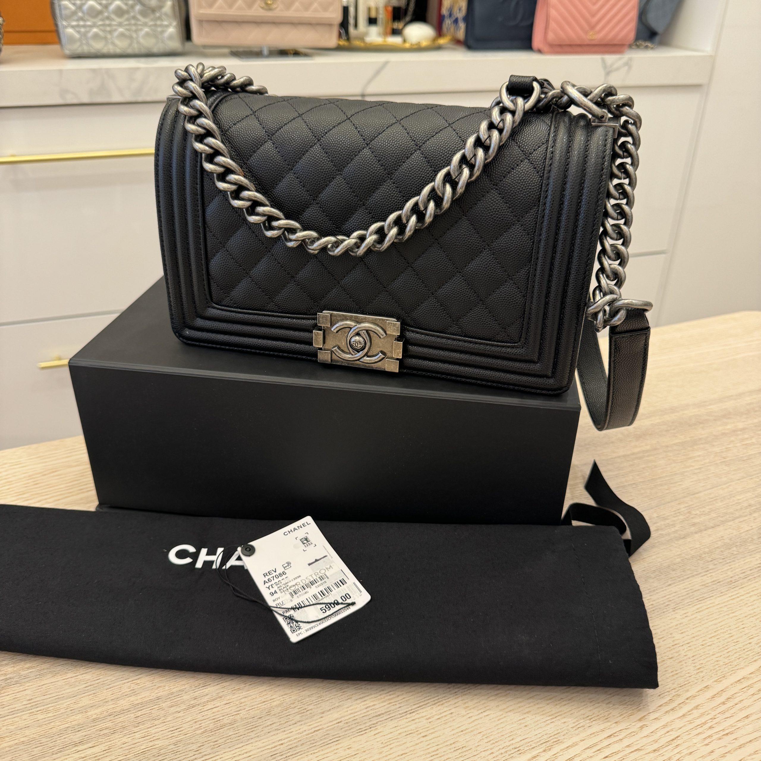 Chanel Boy Flap Bag Quilted Caviar Old Medium Palladium Hardware