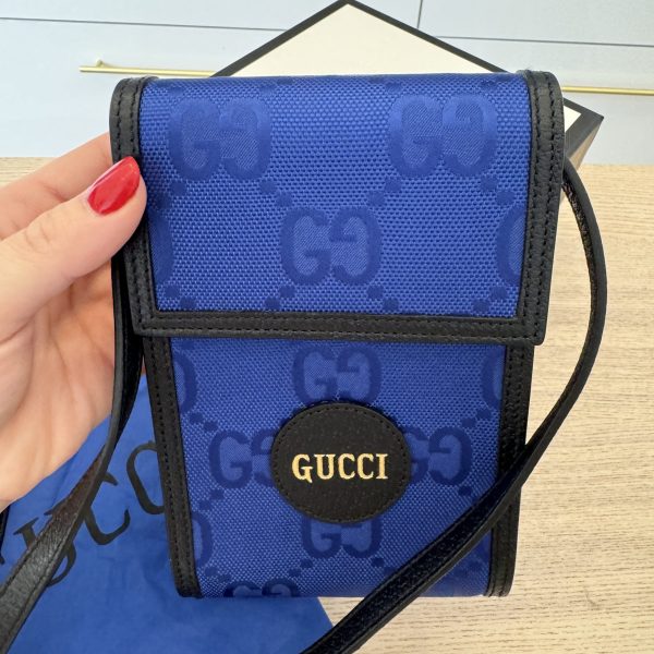 Gucci Econyl Nylon Monogram Off The Grid Crossbody Bag Guilted Blue Black