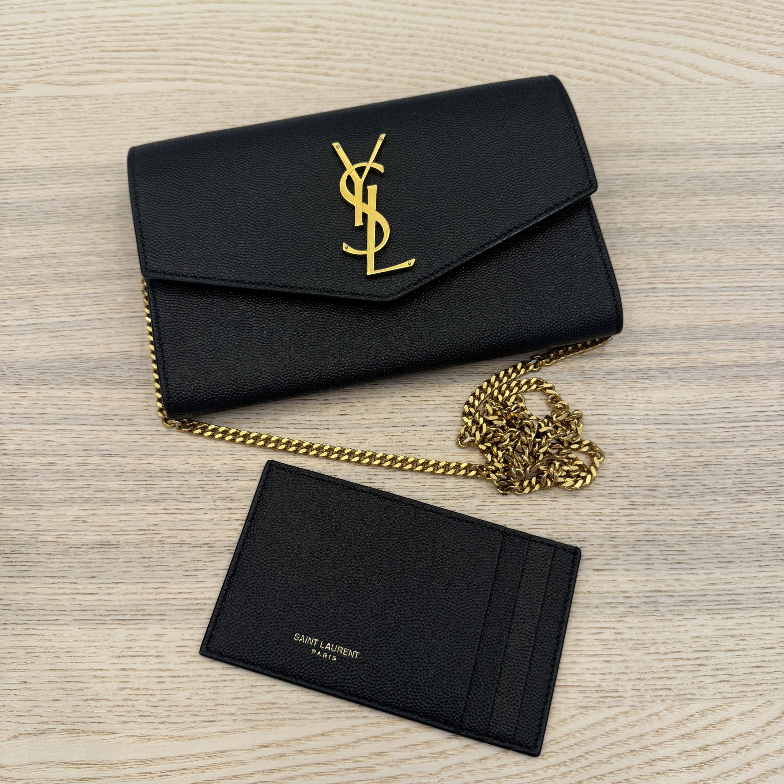 Saint Laurent Grain De Poudre Uptown Chain Wallet Black Gold Hardware