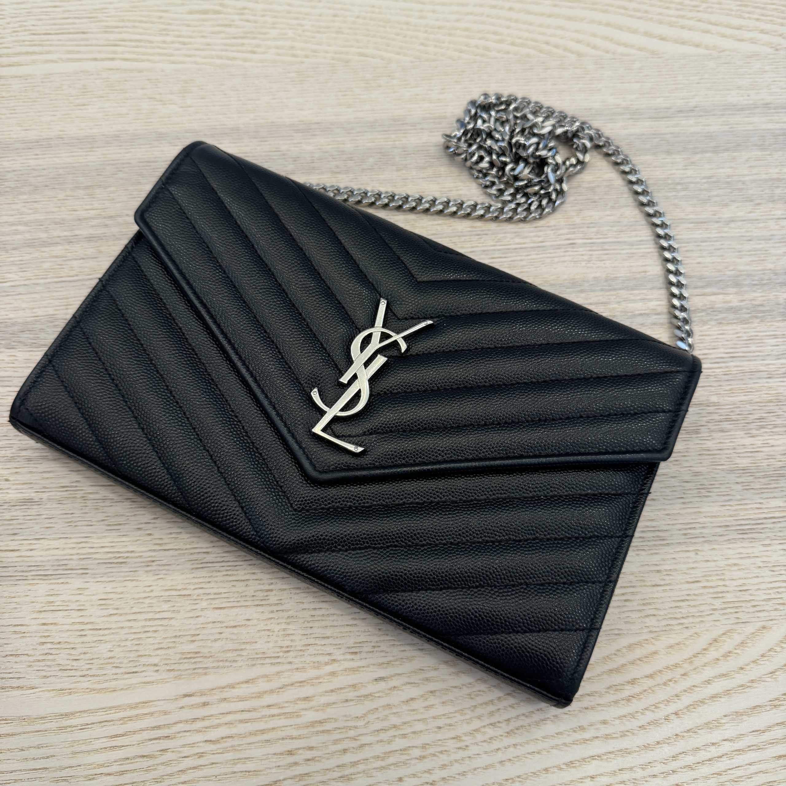 Ysl wallet on chain black hardware best sale