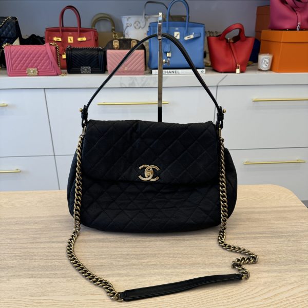 Chanel Country Chic Flap Messenger Bag Quilted Caviar Large Black Antique Gold Hardware