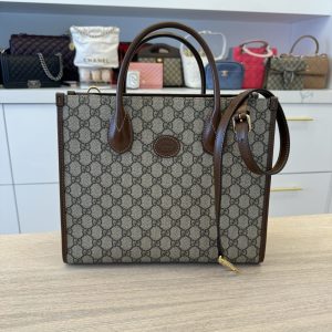 Gucci GG Supreme Monogram Azalea Calfskin Small Retro Interlocking G Tote Bag Beige Ebony Brown Sugar