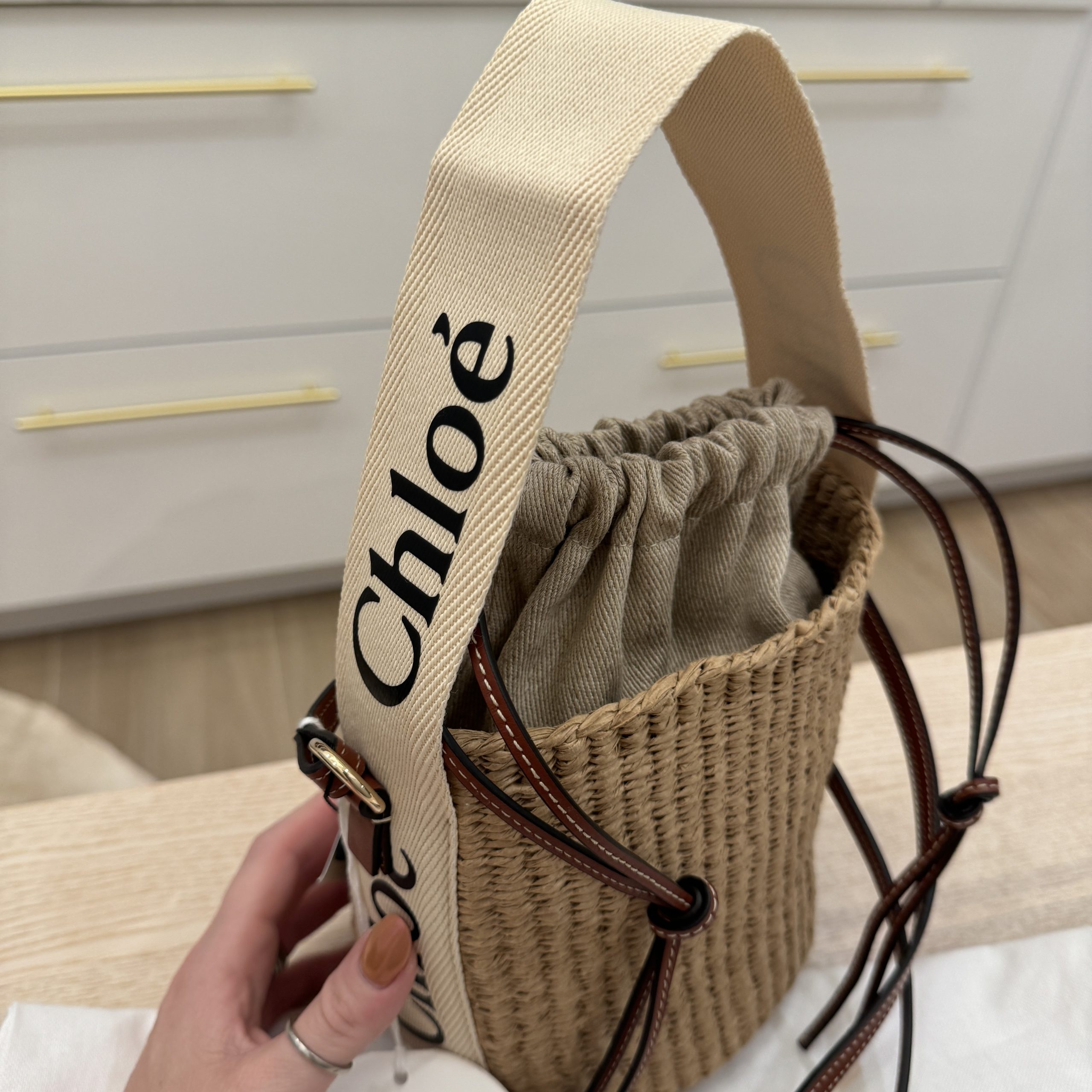 Chloe Raffia Calfskin Small Woody Basket Bag Brown and White