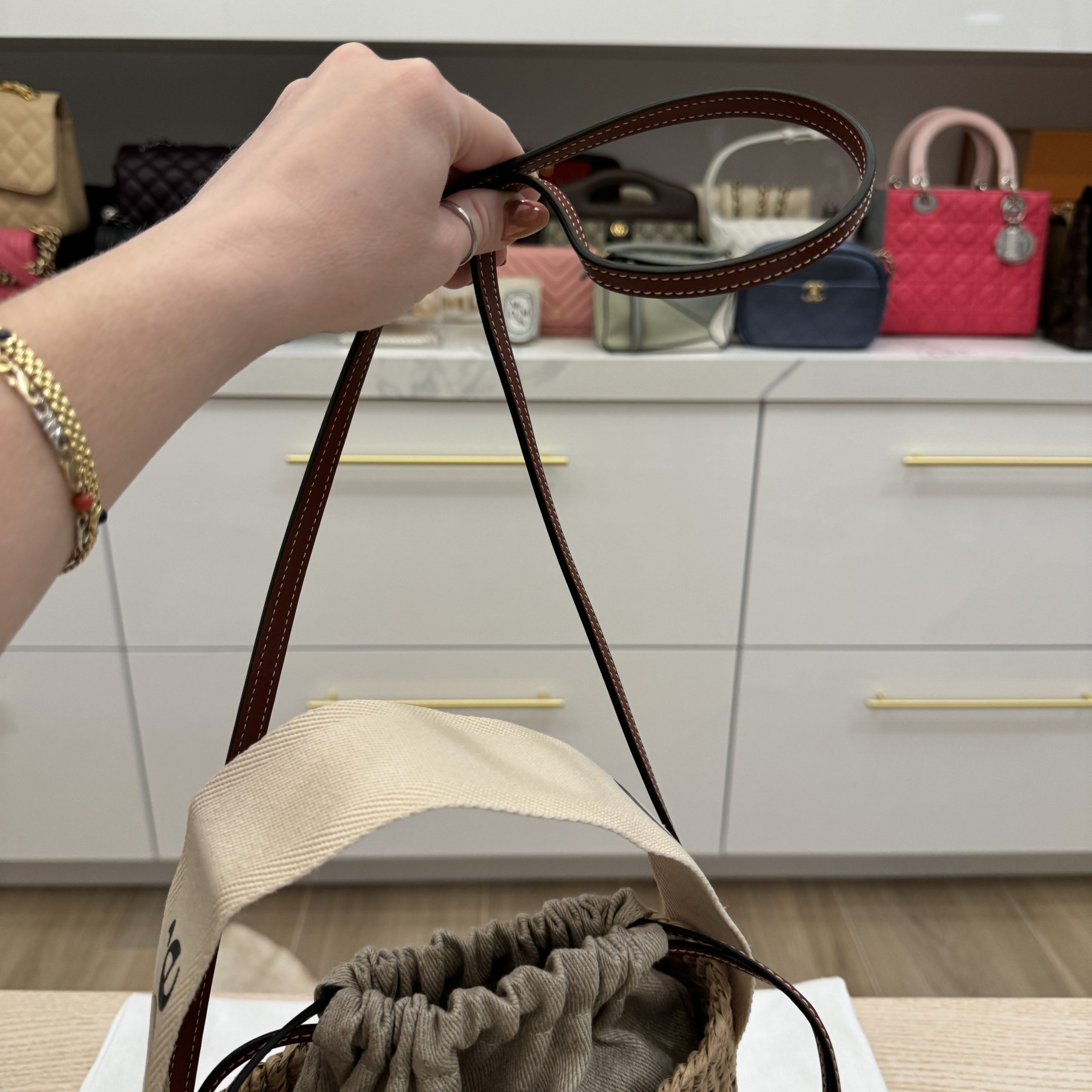 Chloe Raffia Calfskin Small Woody Basket Bag Brown and White