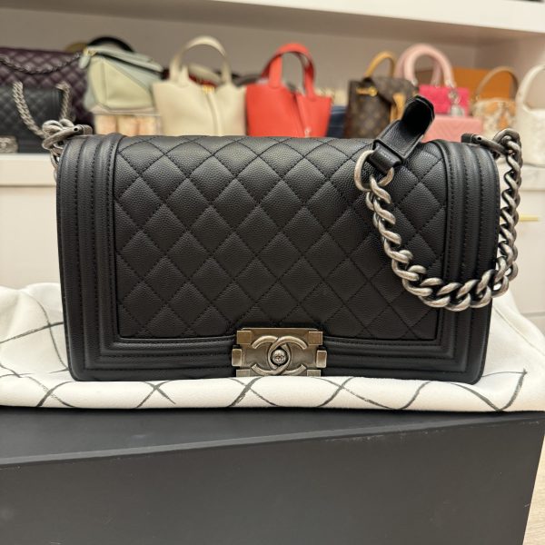 Chanel Boy Flap Bag Quilted Caviar Old Medium Black Ruthenium Hardware