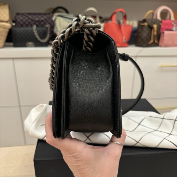 Chanel Boy Flap Bag Quilted Caviar Old Medium Black Ruthenium Hardware