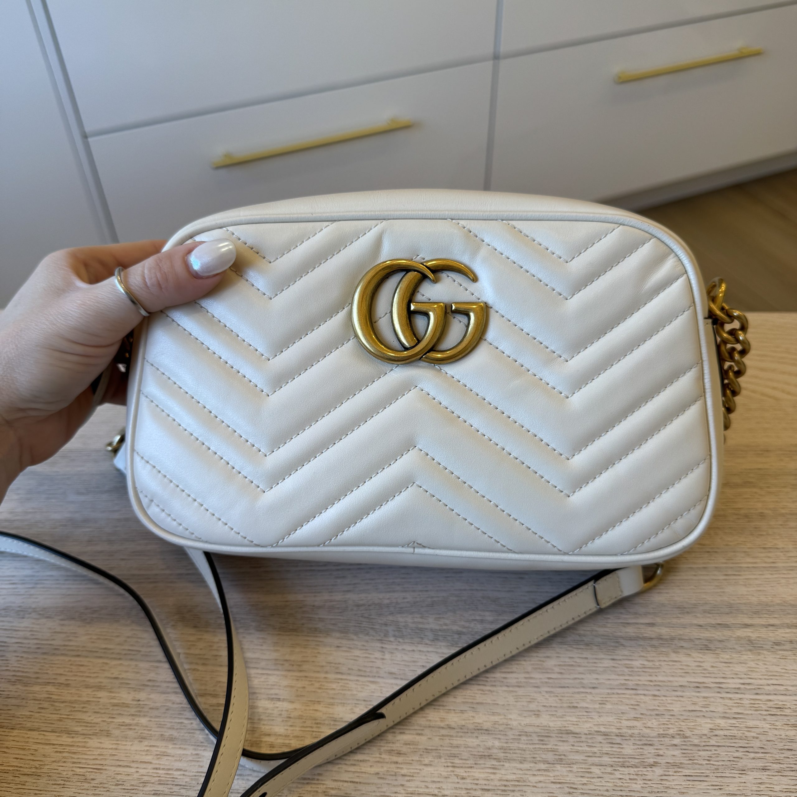 Gucci Matelasse Small GG Marmont White and Gold Hardware