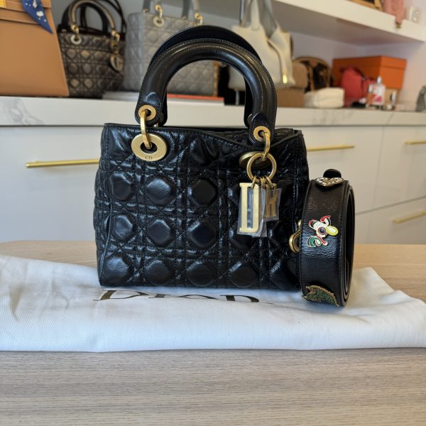 Christian Dior My Lady Dior Bag Cannage Quilted Crinkled Patent Black GHW