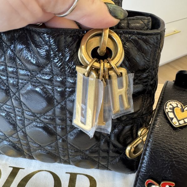 Christian Dior My Lady Dior Bag Cannage Quilted Crinkled Patent Black GHW
