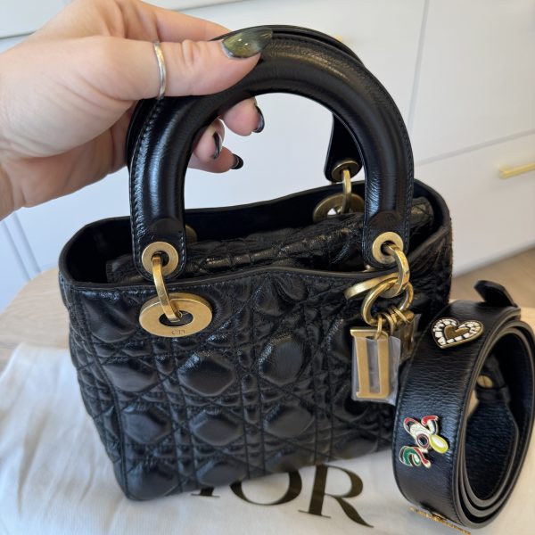 Christian Dior My Lady Dior Bag Cannage Quilted Crinkled Patent Black GHW