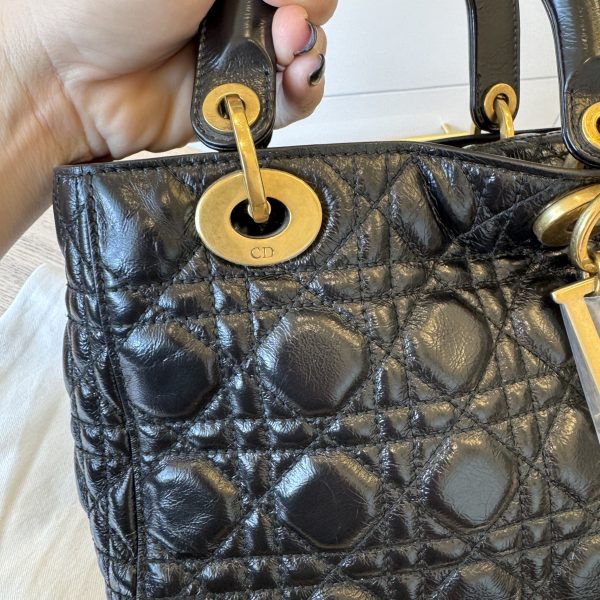 Christian Dior My Lady Dior Bag Cannage Quilted Crinkled Patent Black GHW