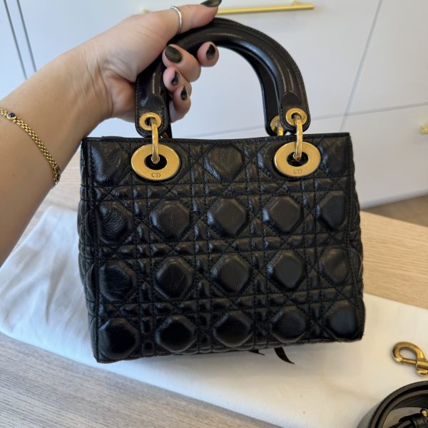 Christian Dior My Lady Dior Bag Cannage Quilted Crinkled Patent Black GHW