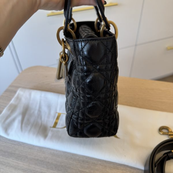 Christian Dior My Lady Dior Bag Cannage Quilted Crinkled Patent Black GHW