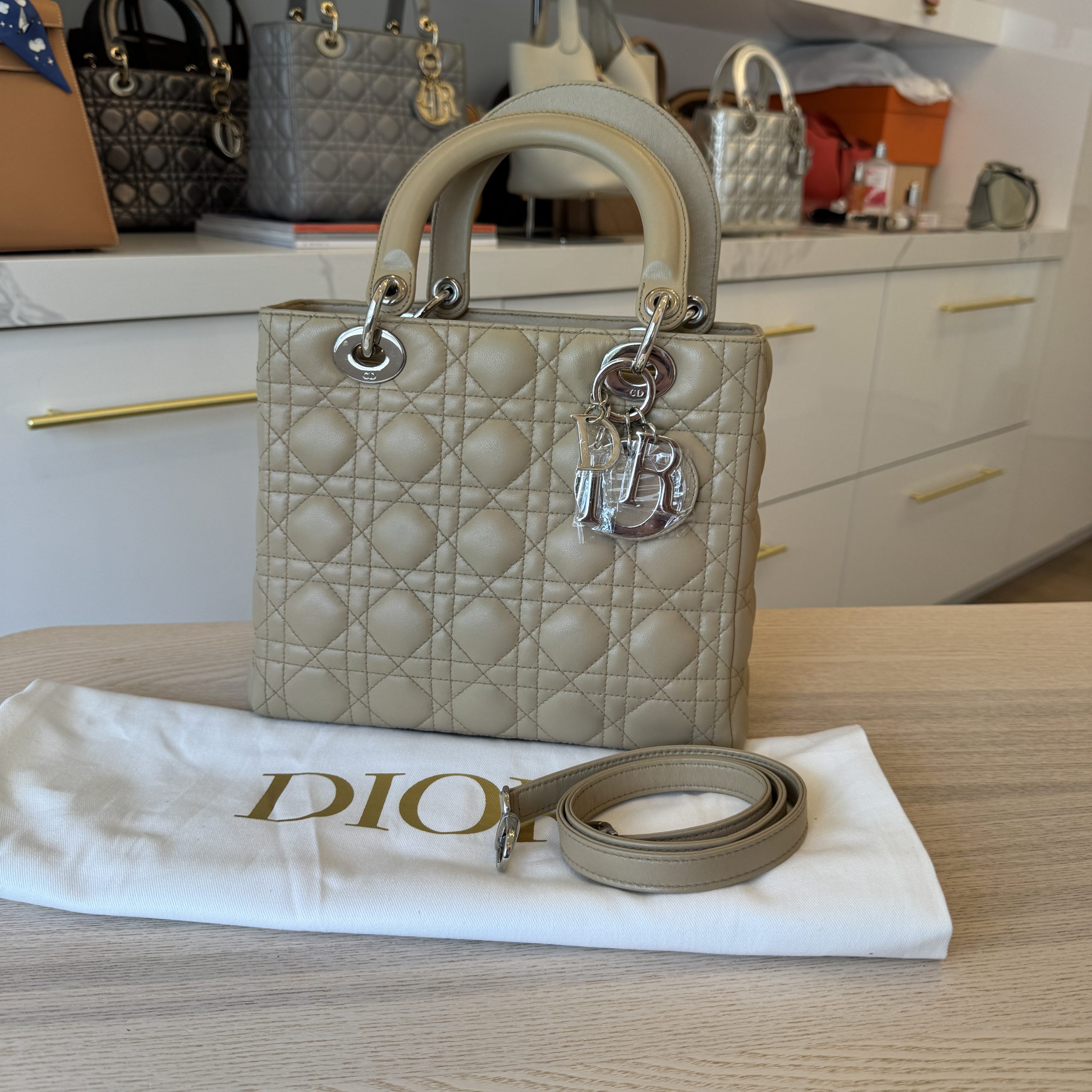 Christian Dior Lambskin Cannage Medium Lady Dior Silver Hardware Beige