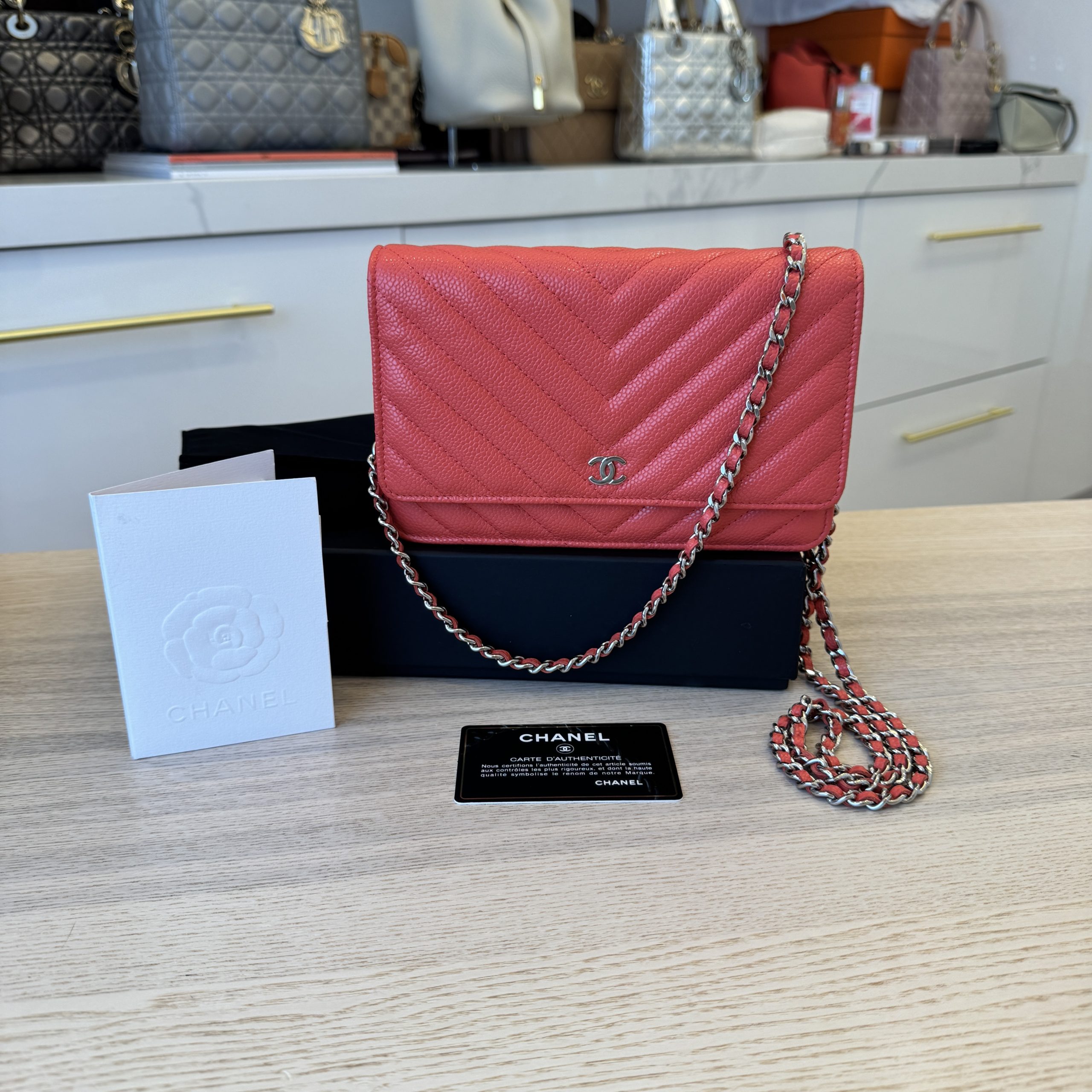 Chanel Wallet on Chain Chevron Caviar Coral Gold Hardware