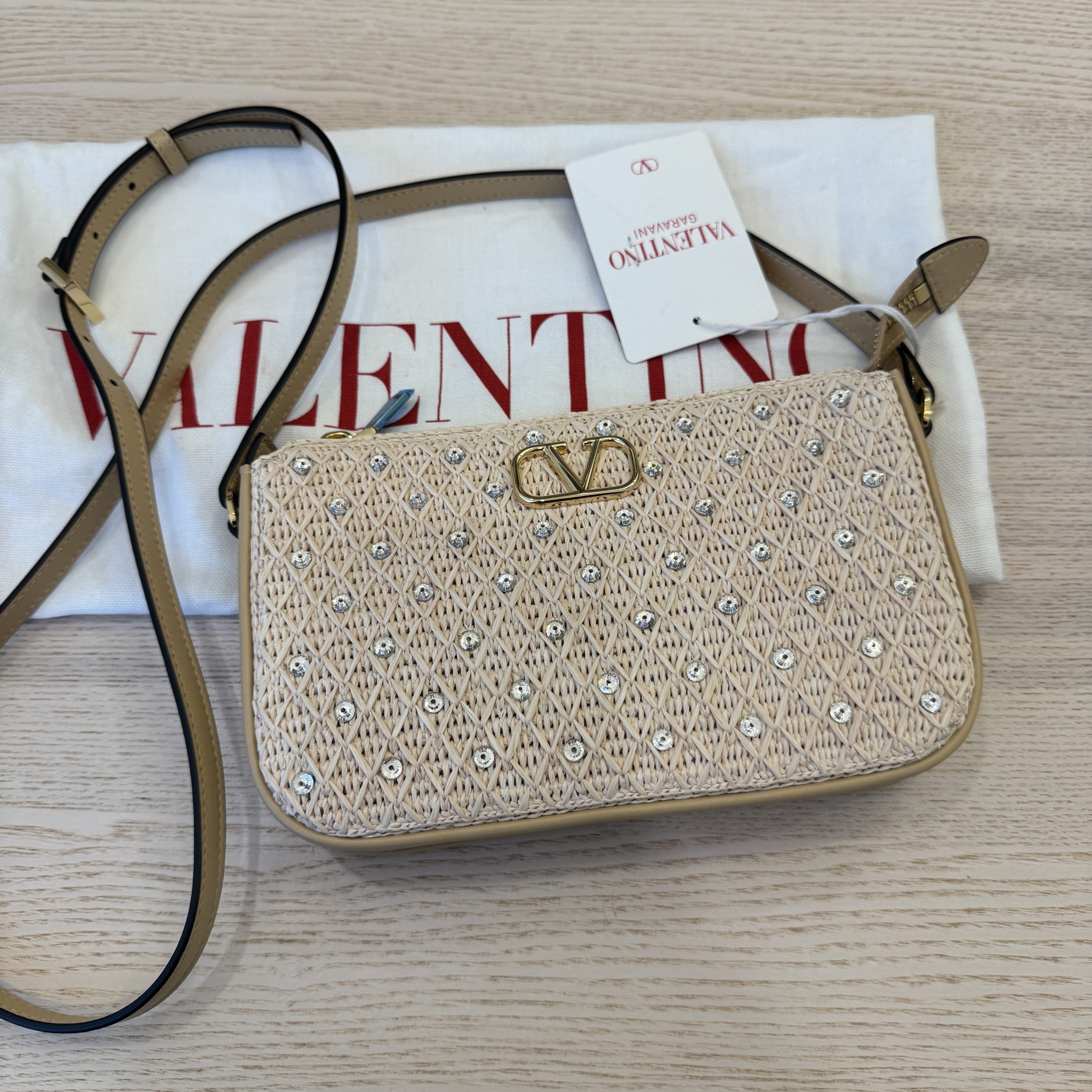 Valentino Garavani Mini Vlogo Embellished Faux Raffia Crossbody Bag