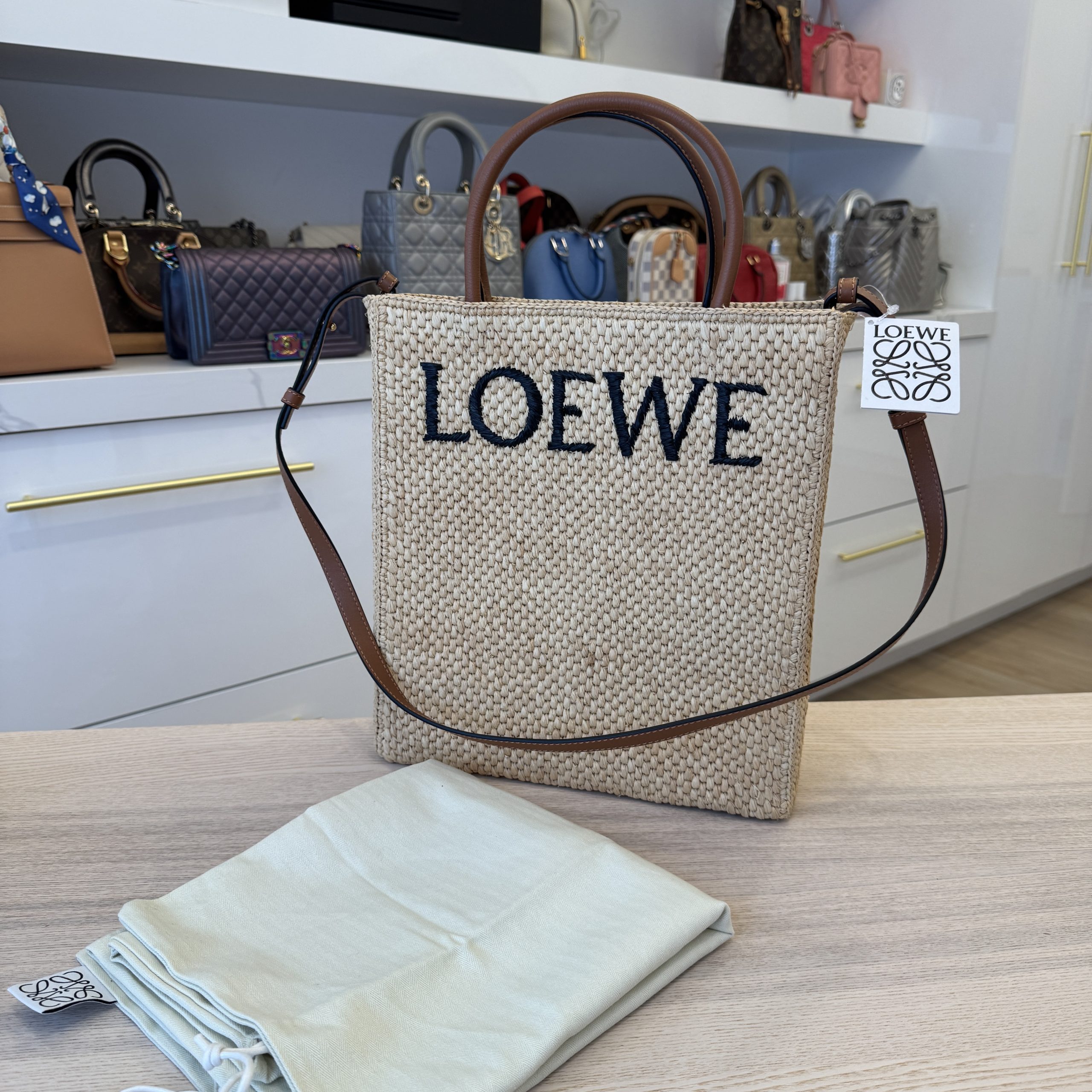 Loewe Leather-Trimmed Embroidered Raffia Tote