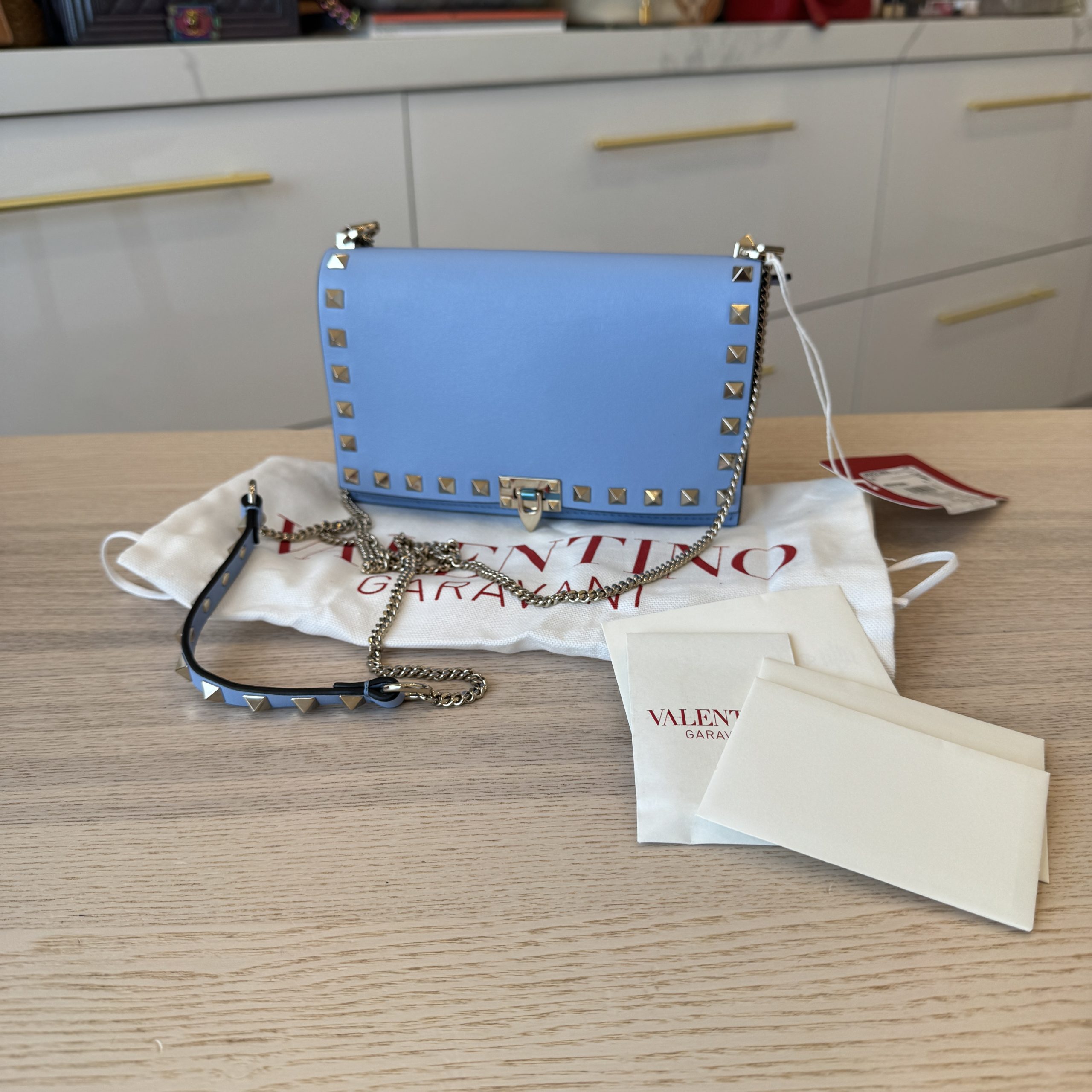 Valentino Garavani Vitello Rockstud Flip Lock Wallet On Chain Light Blue