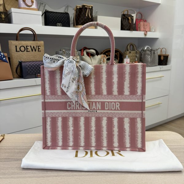 Christian Dior Canvas Embroidered Large Striped Book Tote Pink with Twilly