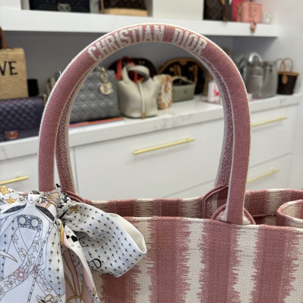 Christian Dior Canvas Embroidered Large Striped Book Tote Pink with Twilly