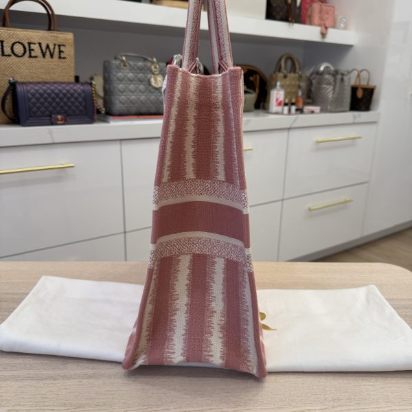 Christian Dior Canvas Embroidered Large Striped Book Tote Pink with Twilly