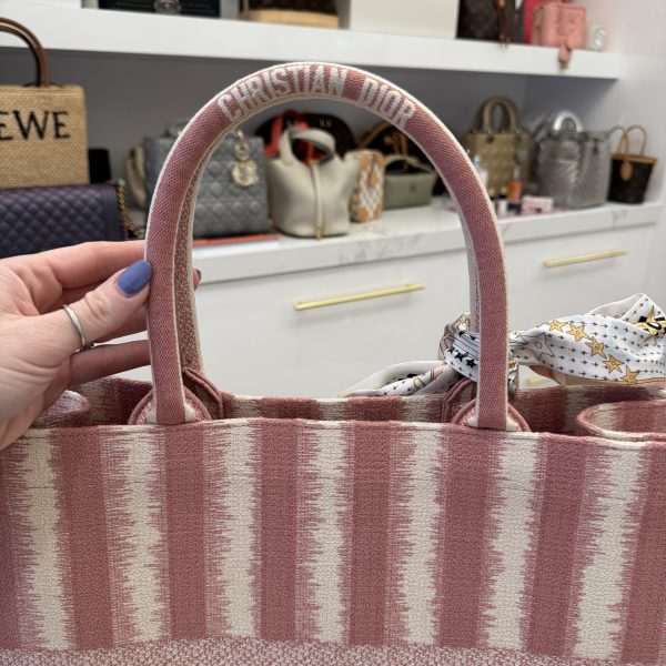 Christian Dior Canvas Embroidered Large Striped Book Tote Pink with Twilly