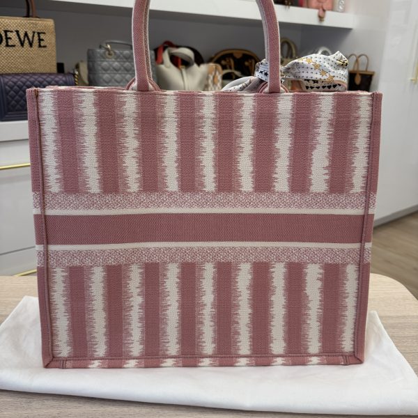 Christian Dior Canvas Embroidered Large Striped Book Tote Pink with Twilly