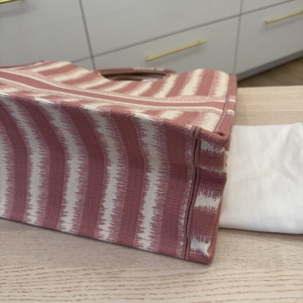 Christian Dior Canvas Embroidered Large Striped Book Tote Pink with Twilly