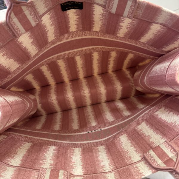 Christian Dior Canvas Embroidered Large Striped Book Tote Pink with Twilly