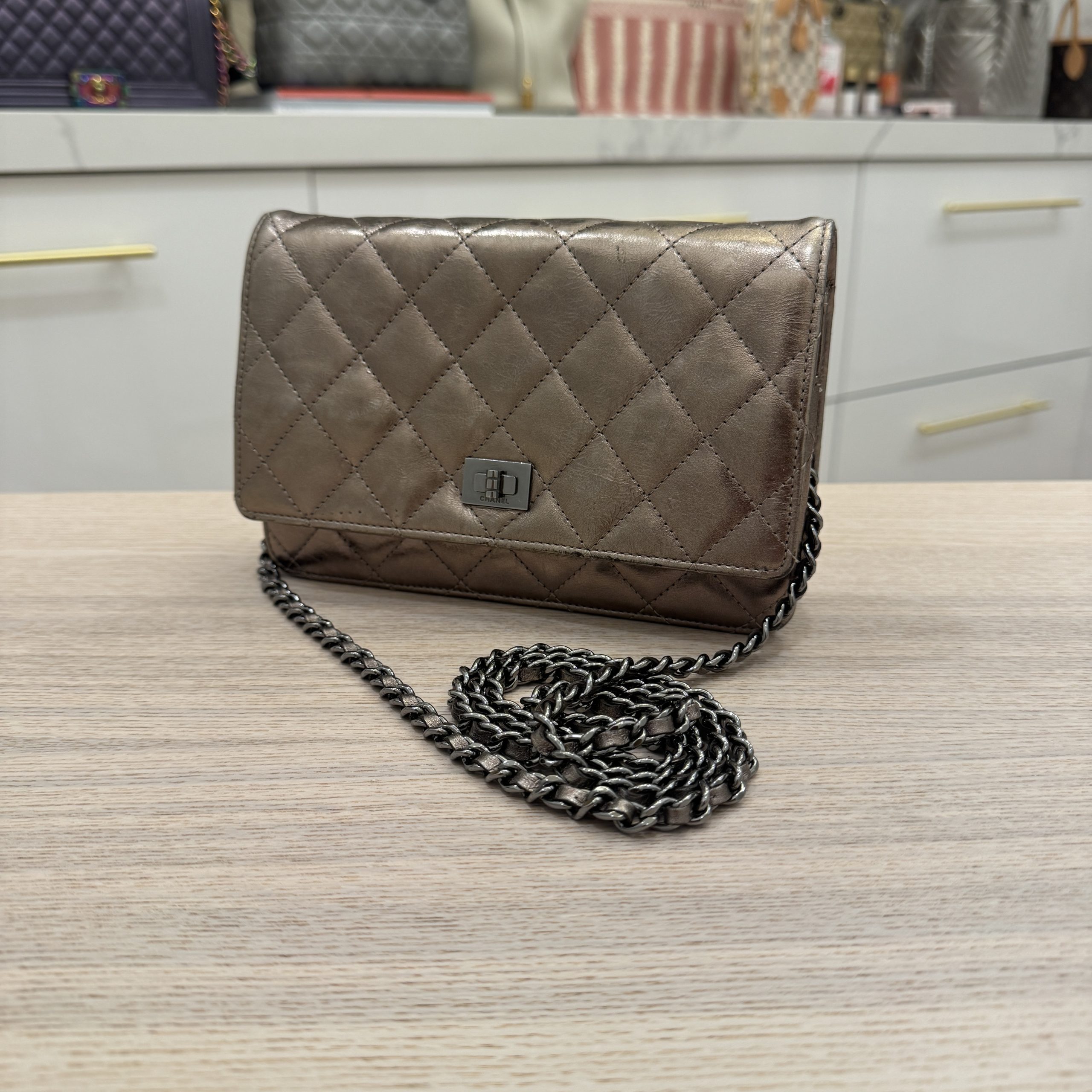 Chanel Metallic Aged Calfskin Quilted Reissue Wallet On Chain WOC Bronze