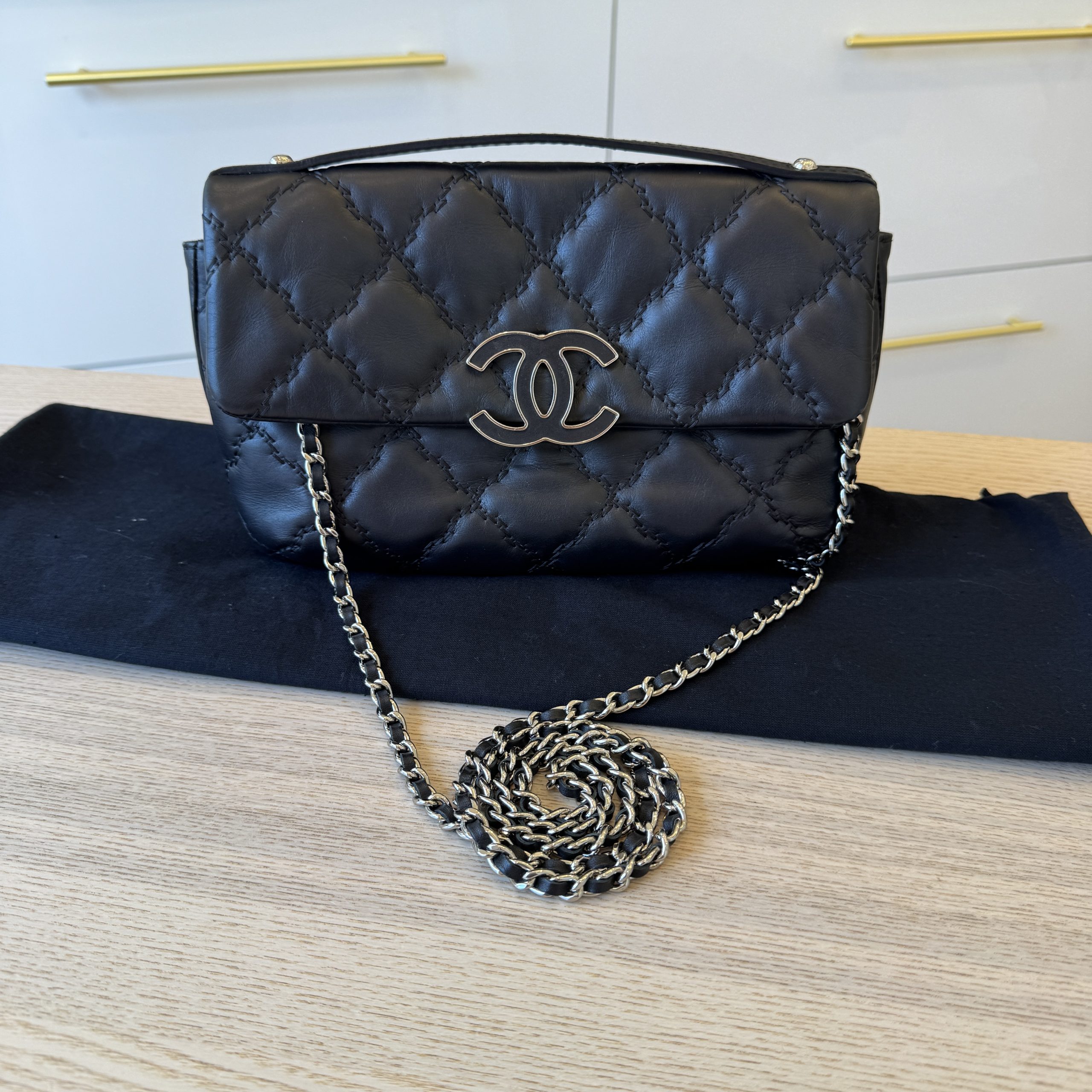 Chanel Calfskin Quilted Double Stitch Hamptons Clutch with Chain Black Silver Hardware