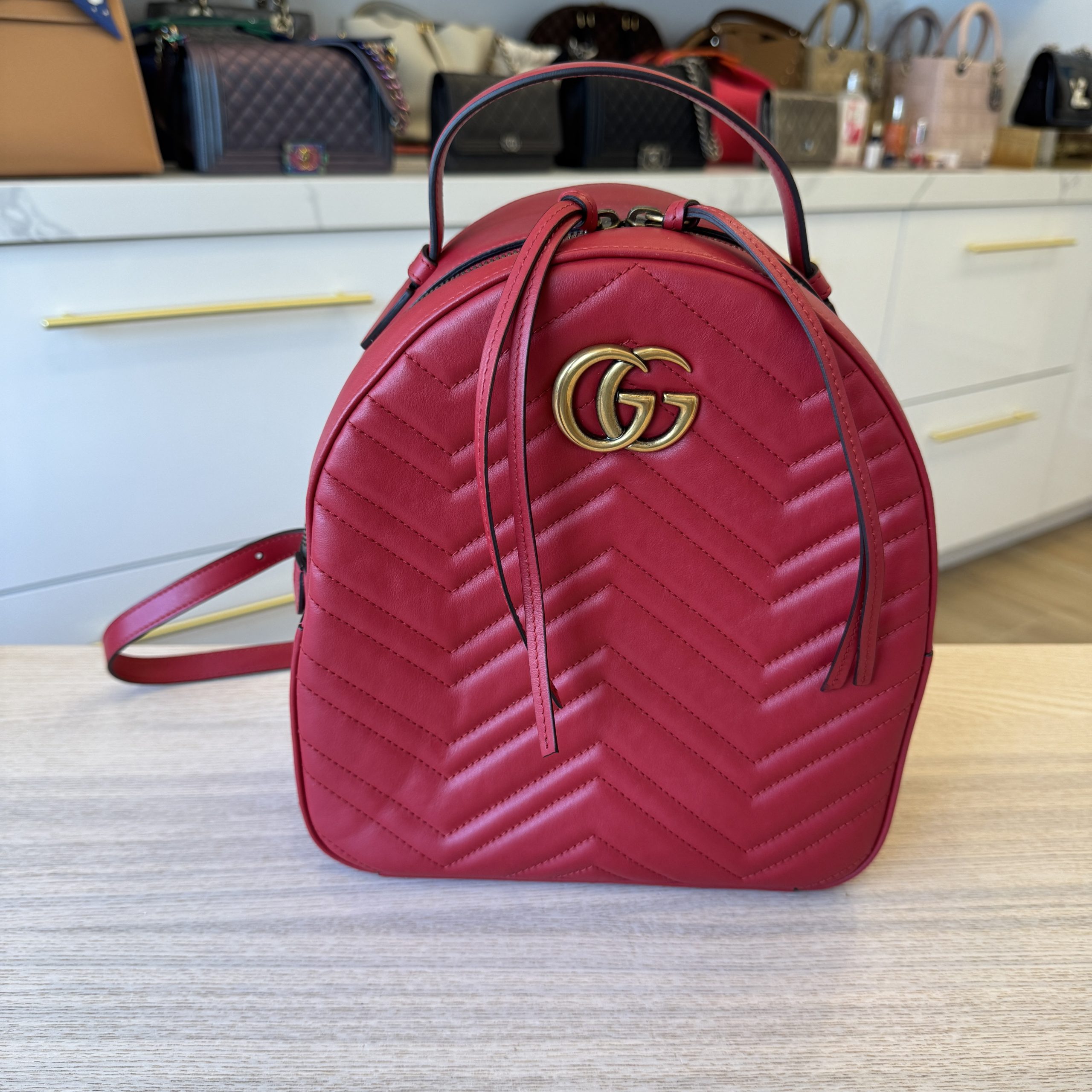 Gucci Calfskin Matelasse GG Marmont Backpack Red