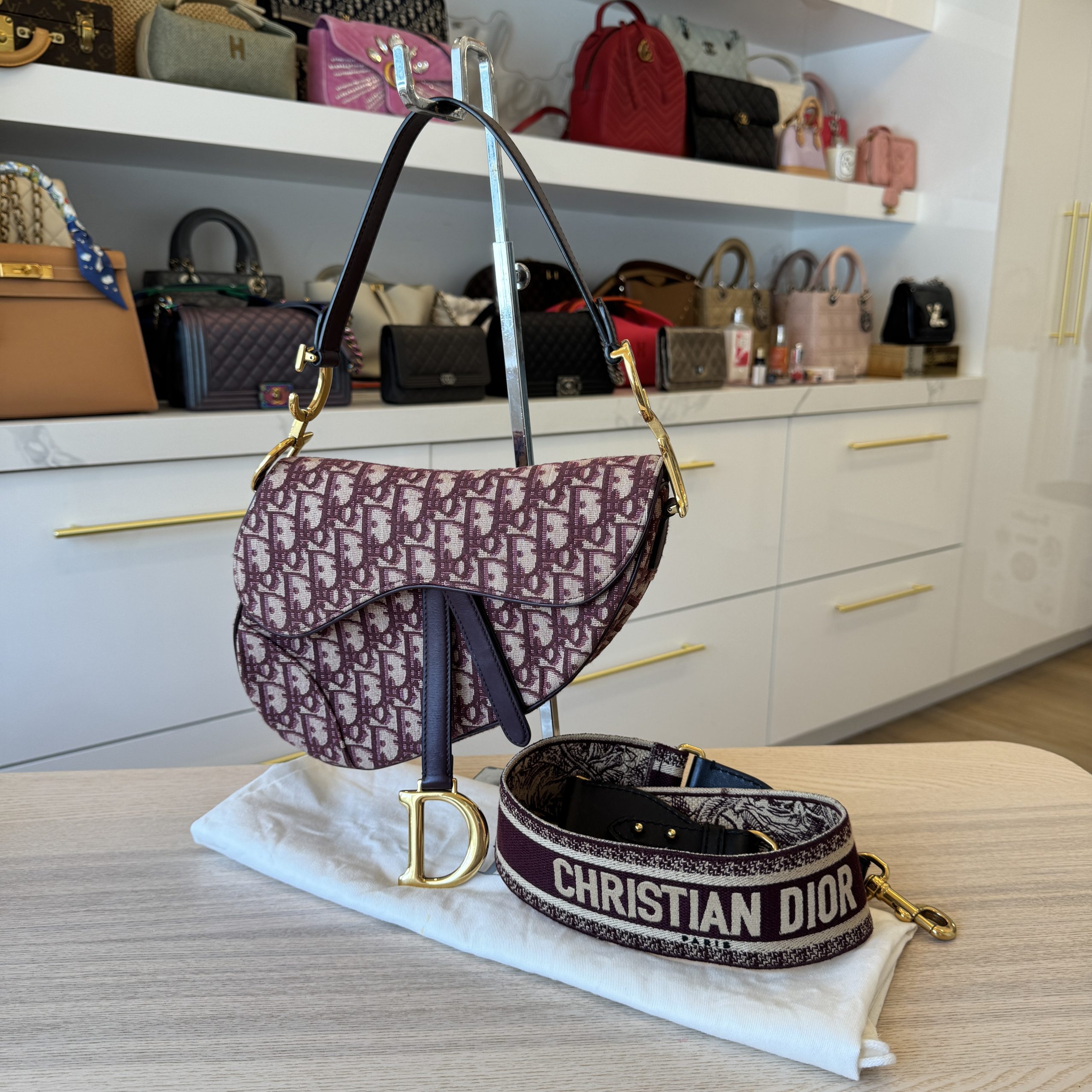 Christian Dior Oblique Saddle Bag With Strap Burgundy with Canvas Embroidered Shoulder Strap