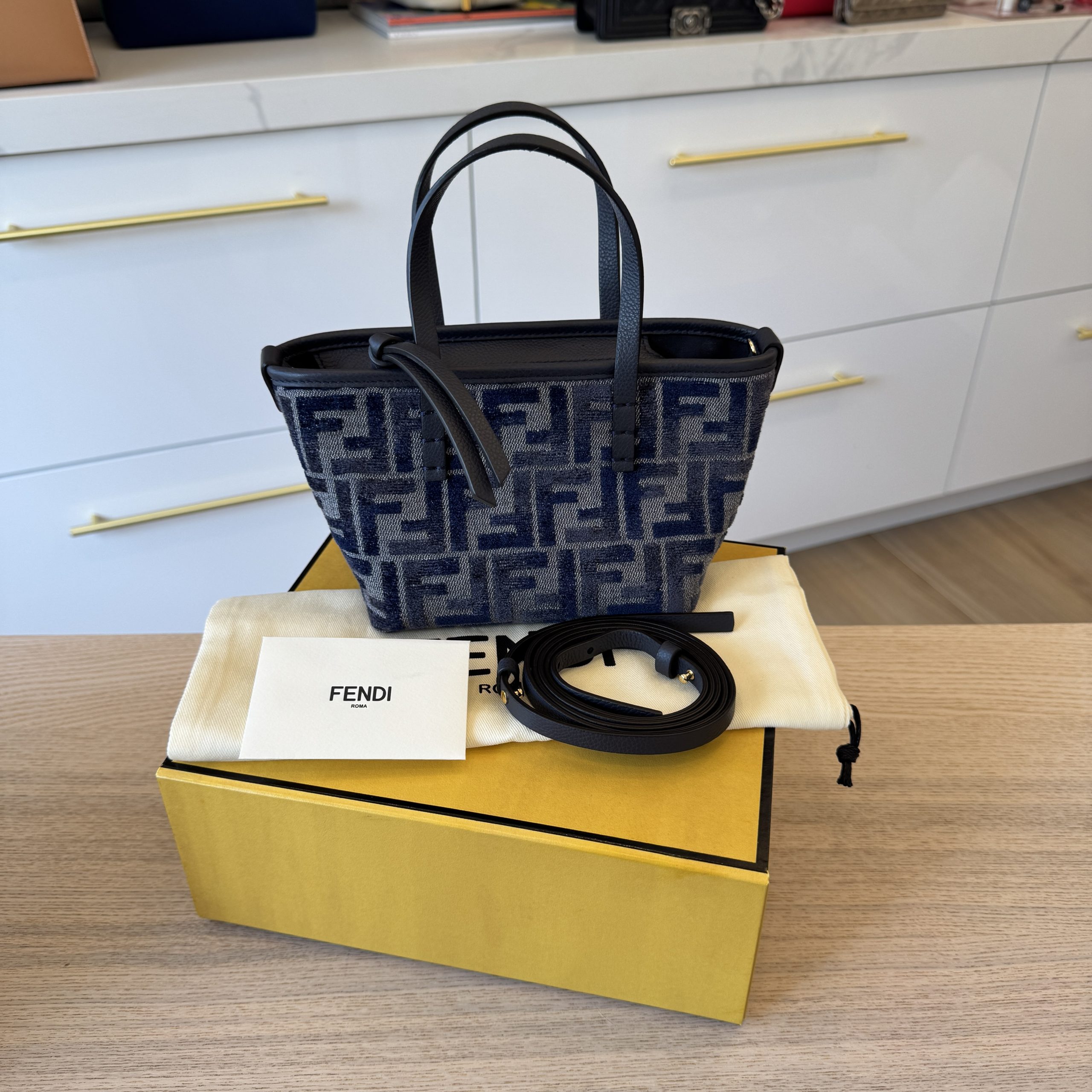 Fendi Mini Roll Light blue FF Jacquard Velvet Mini Bag