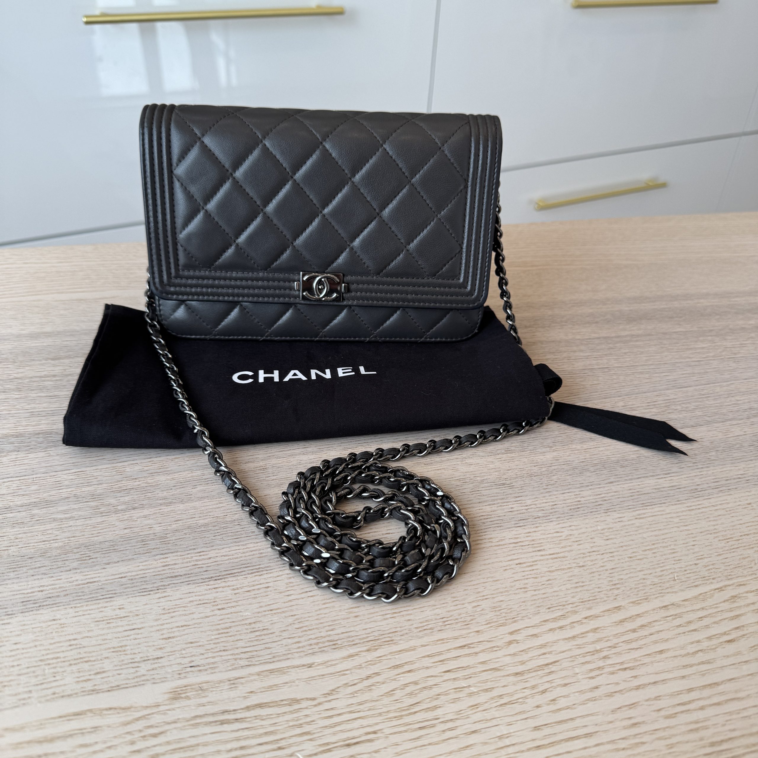 Chanel Boy Wallet on Chain Lambskin Dark Grey Silver Hardware