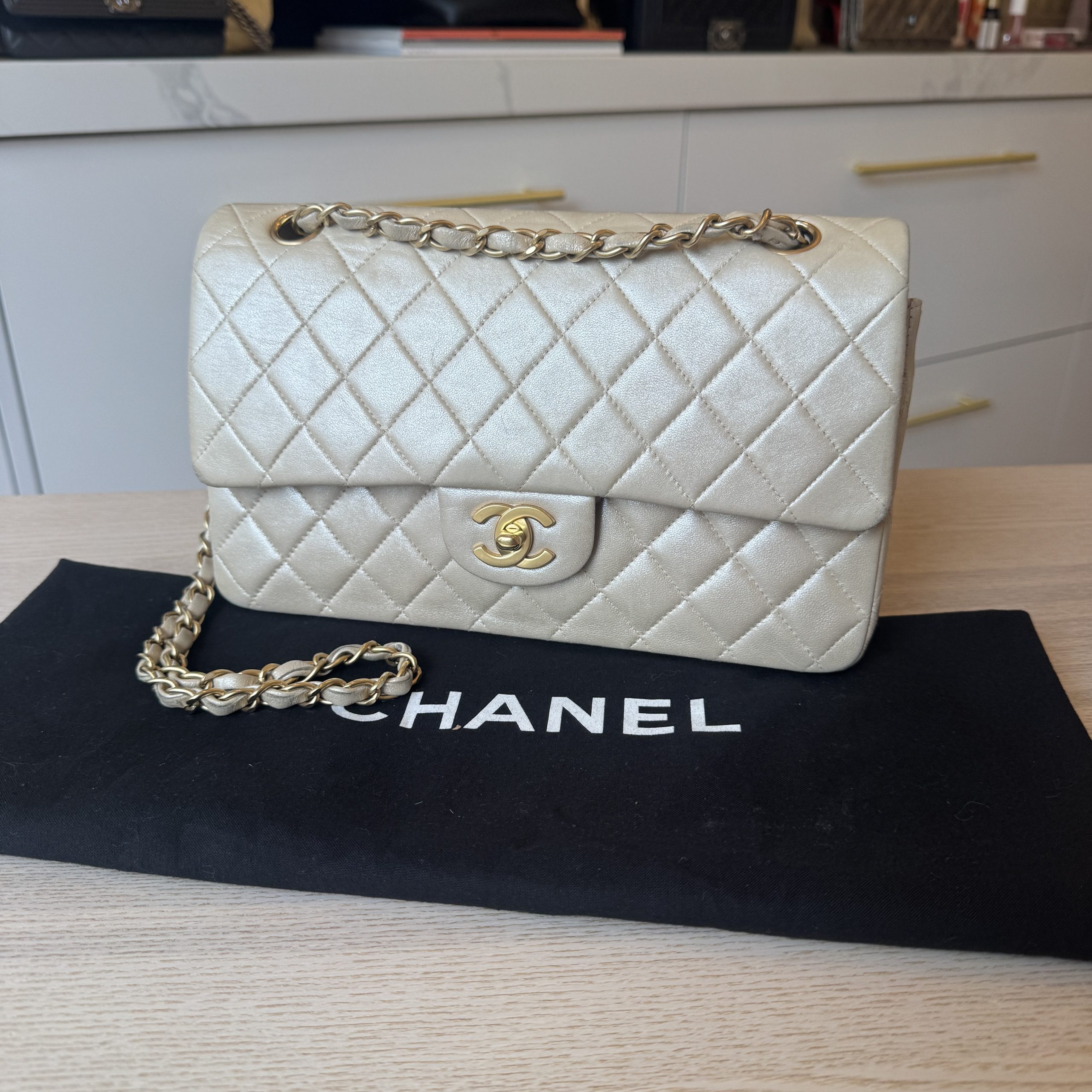 Chanel Vintage Classic Double Flap Bag Quilted Lambskin Medium Iridescent and 18K Gold Hardware