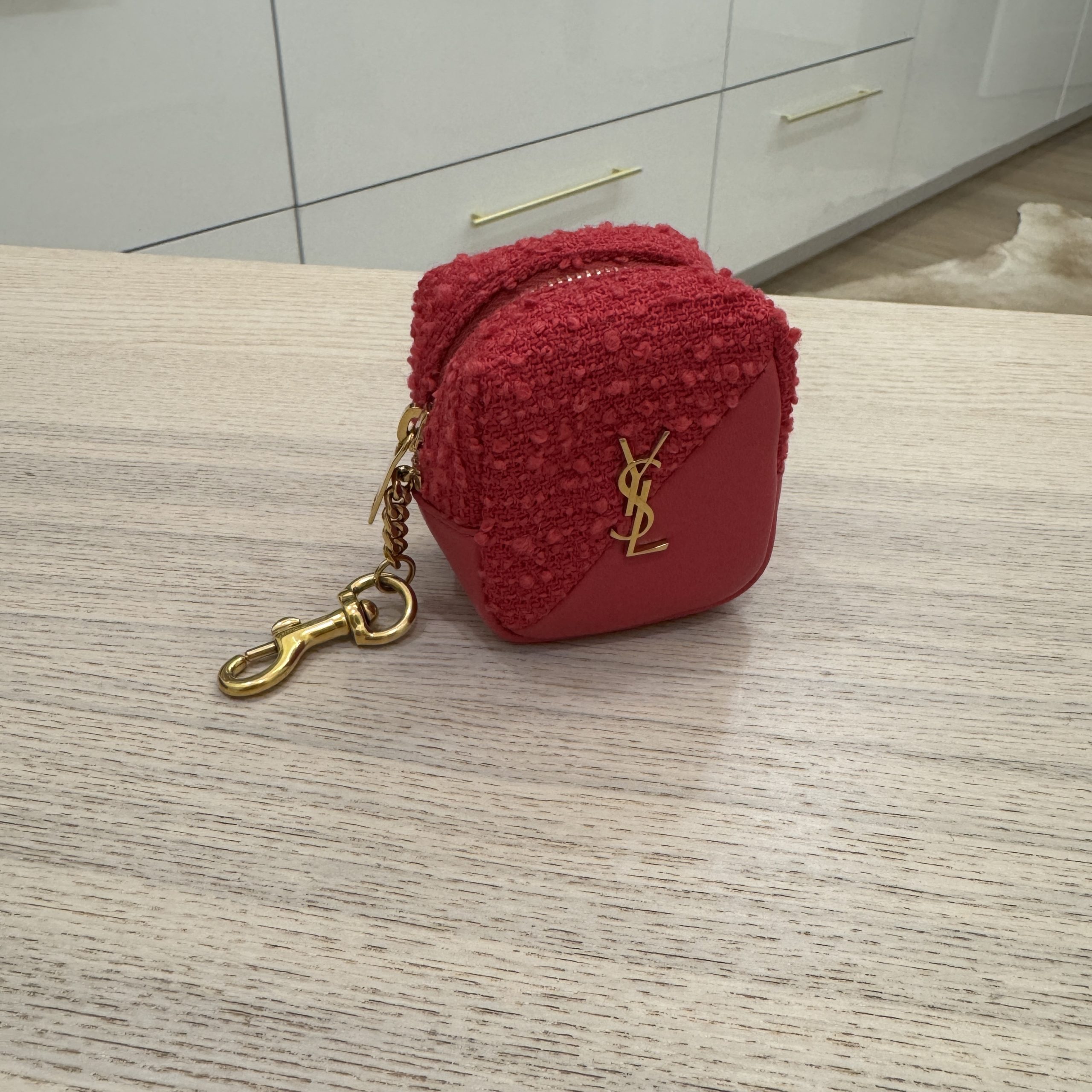 Saint Laurent YSL Tweed and Calfskin Jamie Cube Charm Coin Pouch Pink
