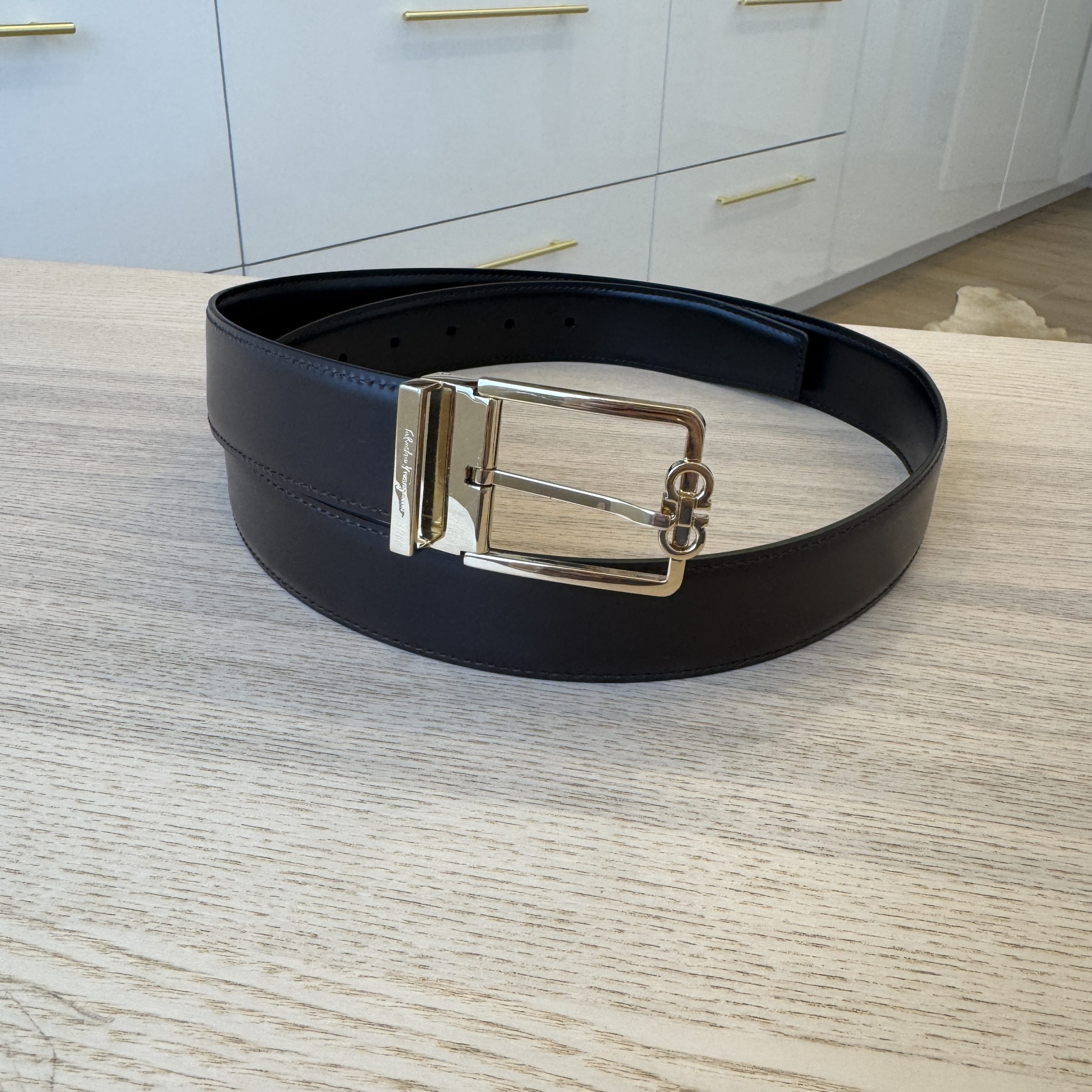 Salvatore Ferragamo Reversible Belt Black and Dark Brown Gold Hardware