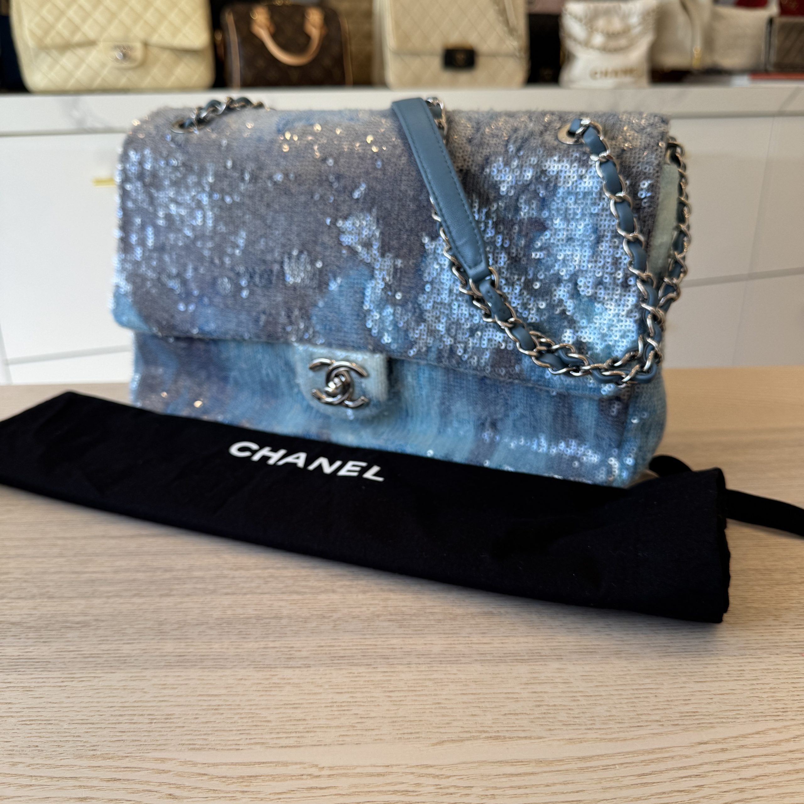 Chanel Sequin Large Waterfall Flap Light Blue