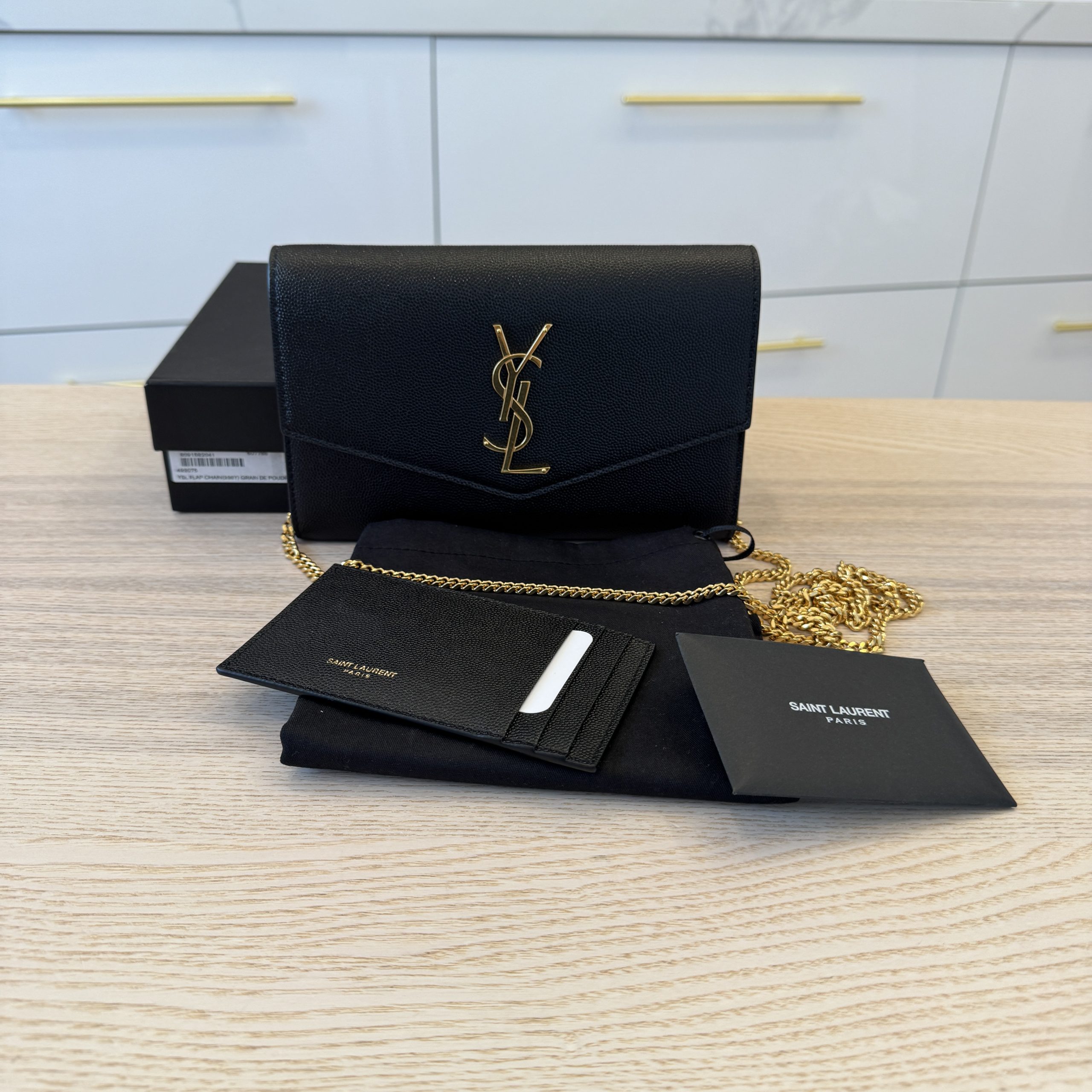 Saint Laurent Grain De Poudre Uptown Chain Wallet Dark Black & Gold Hardware