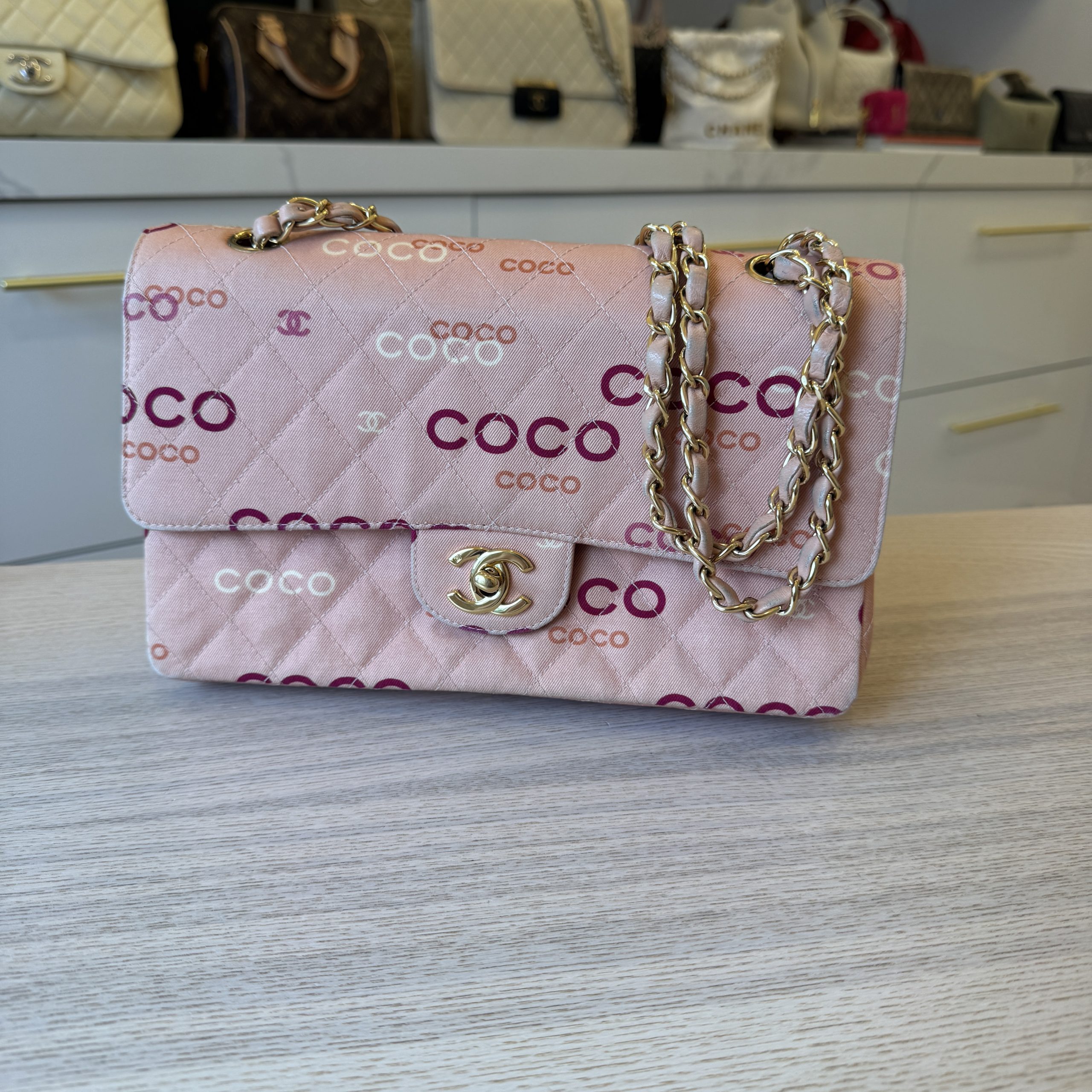 Chanel Pink Quilted Jersey Coco Printed Medium Double Flap Bag