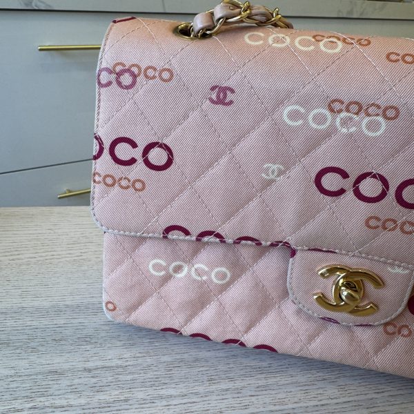 Chanel Pink Quilted Jersey Coco Printed Medium Double Flap Bag