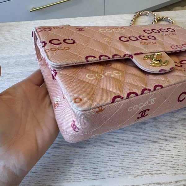 Chanel Pink Quilted Jersey Coco Printed Medium Double Flap Bag