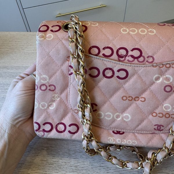 Chanel Pink Quilted Jersey Coco Printed Medium Double Flap Bag